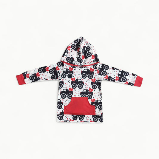 Heart Truck Print Hoodie by Yawoo Garments in silk milk cotton with red cuffs and front pocket
