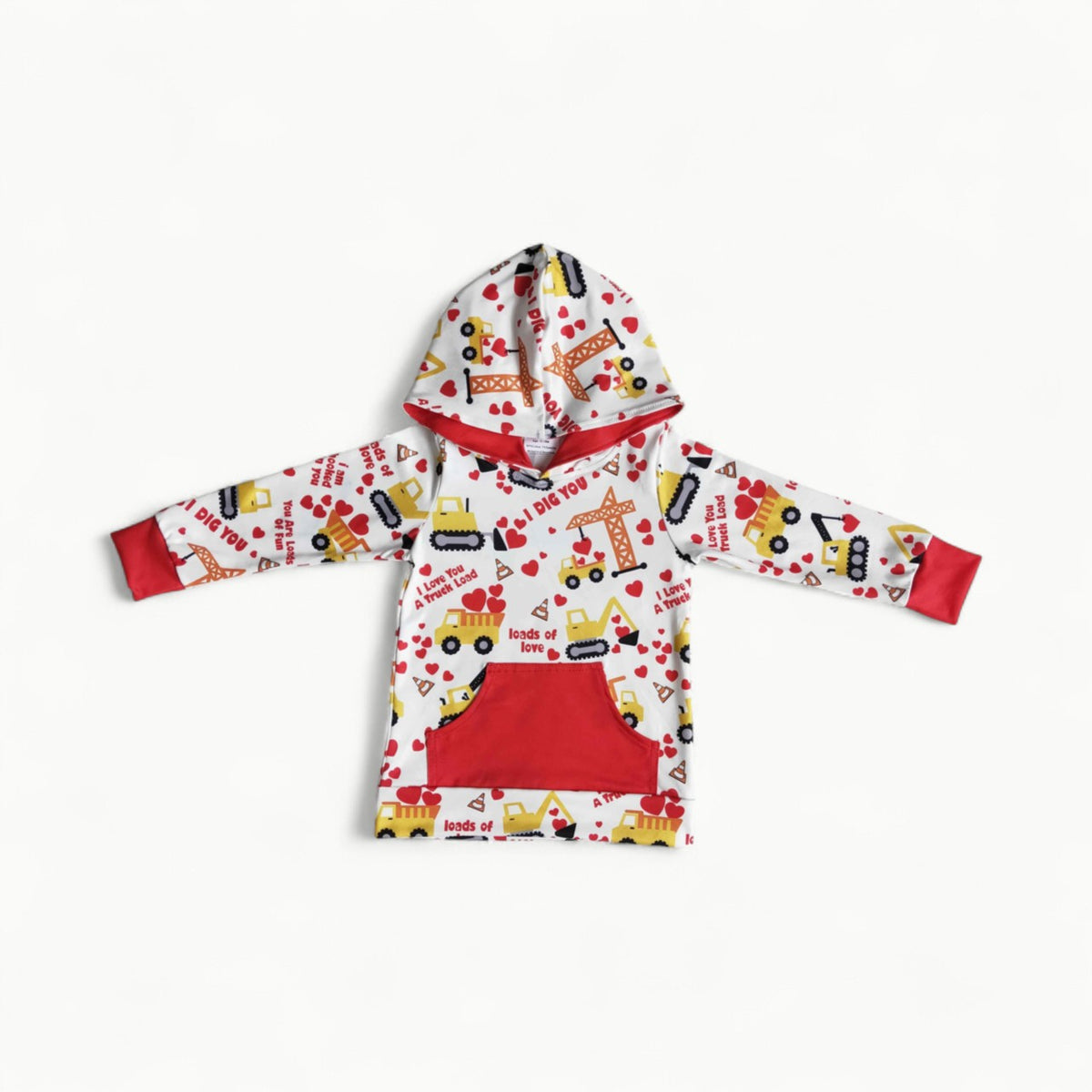 I Dig You Loads Construction Vehicle Hoodie by Yawoo Garments with red cuff and pocket detail