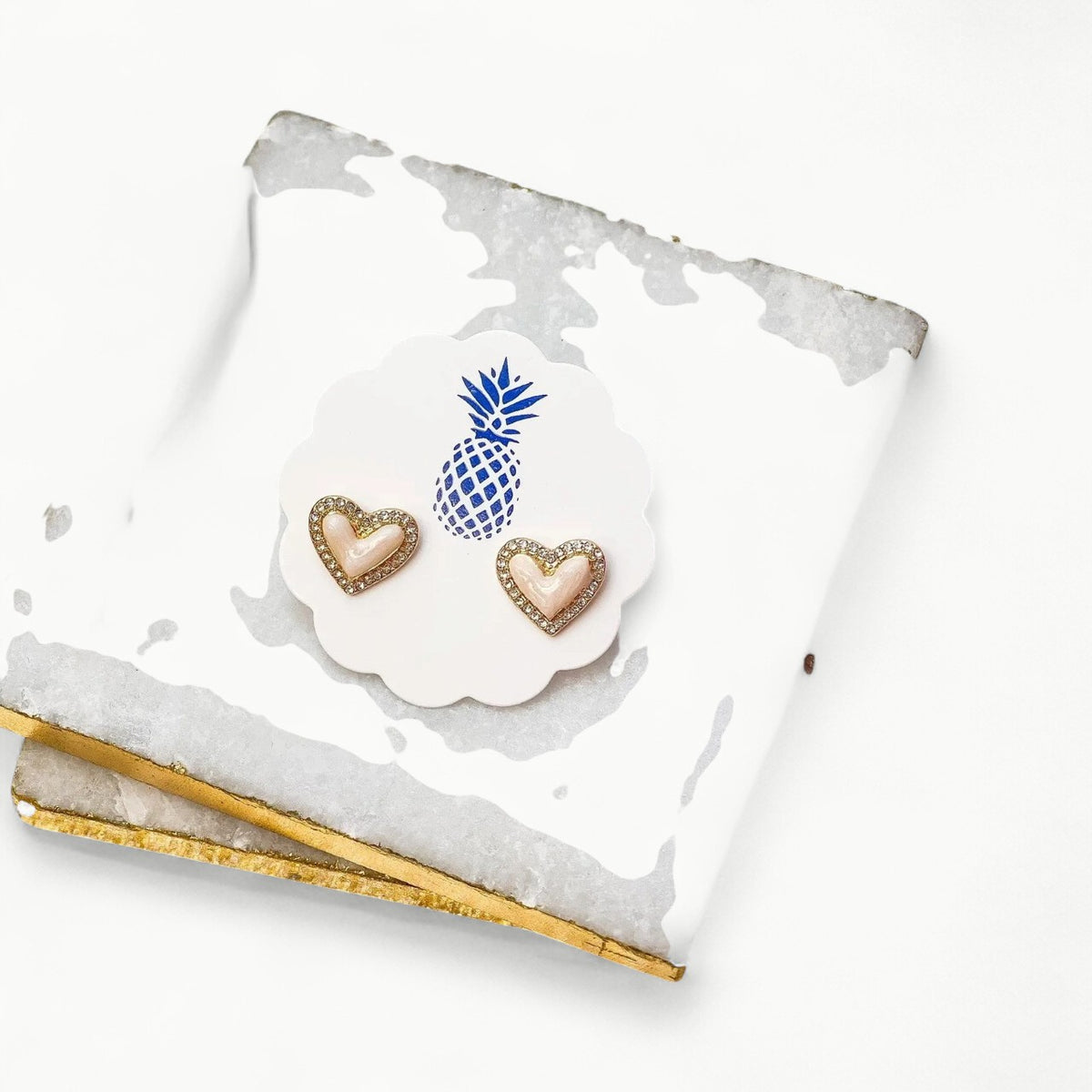 Ivory pave enamel heart stud earrings with nickel-free posts by Prep Obsessed Wholesale
