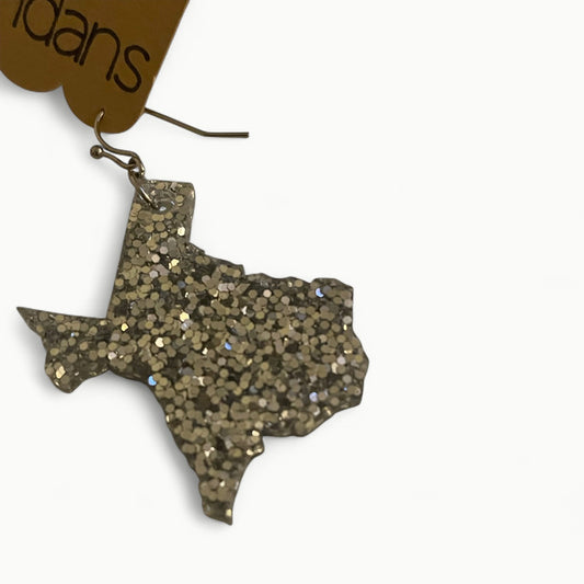 Silver glitter acrylic Texas-shaped stud earrings by Randan, approximately 1 by 1.5 inches