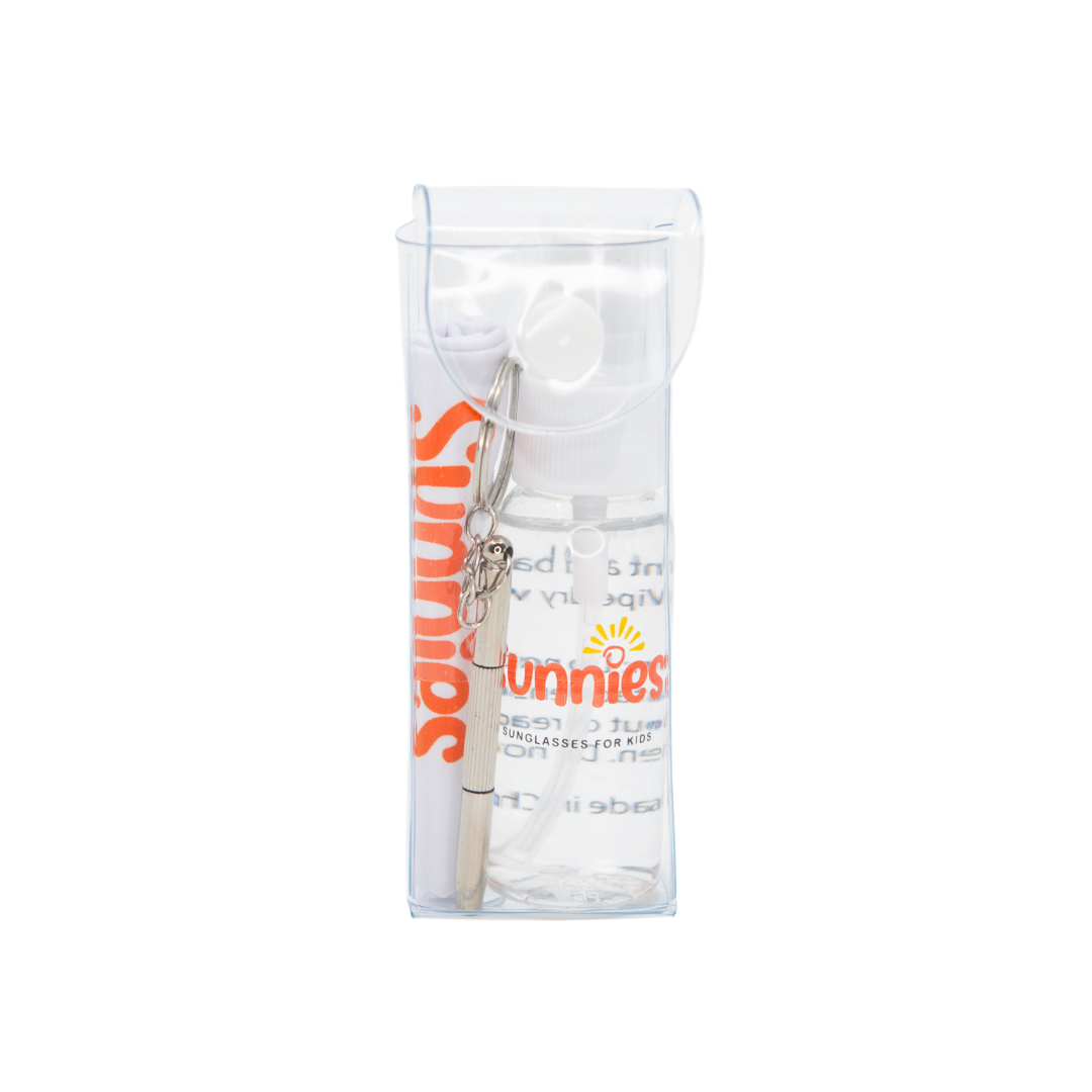 Sunnies Shades Care Kit with lens cleaning spray, microfiber cloth, mini screwdriver, and storage case