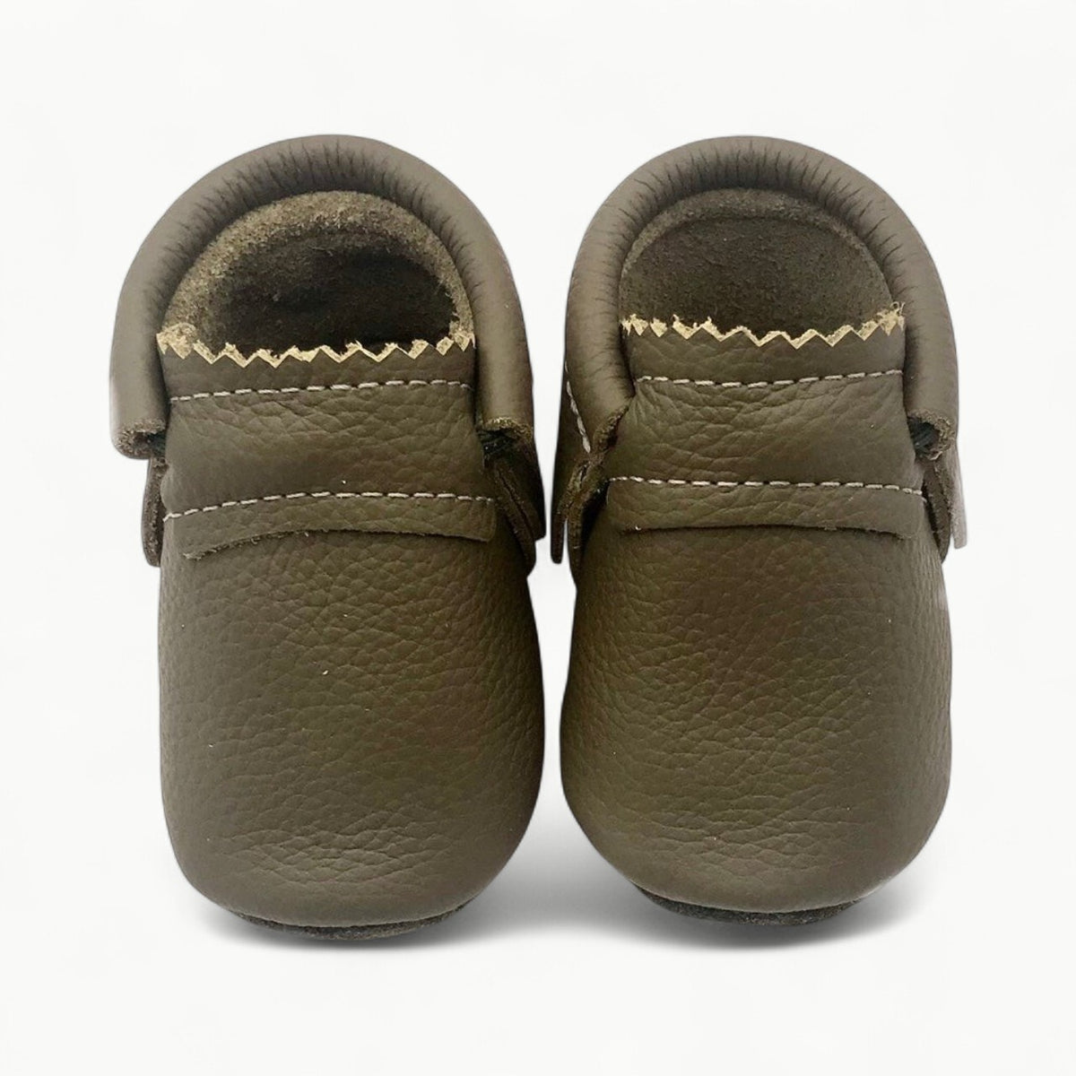 Olive leather MishMoccs moccasins with elastic band, Italian leather construction