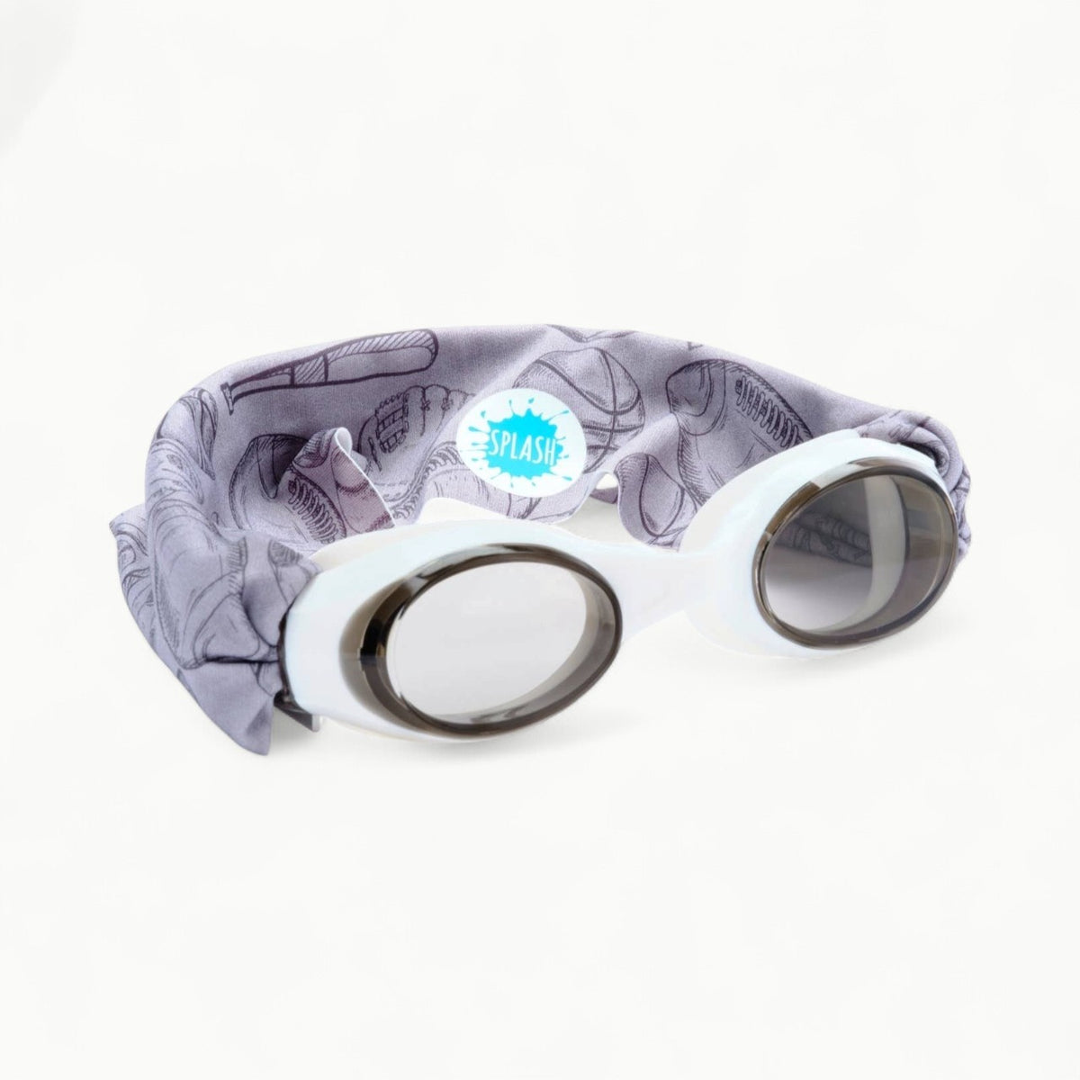 White frame All Star Swim Goggles with lightly tinted grey lenses and patent-pending tangle-free strap