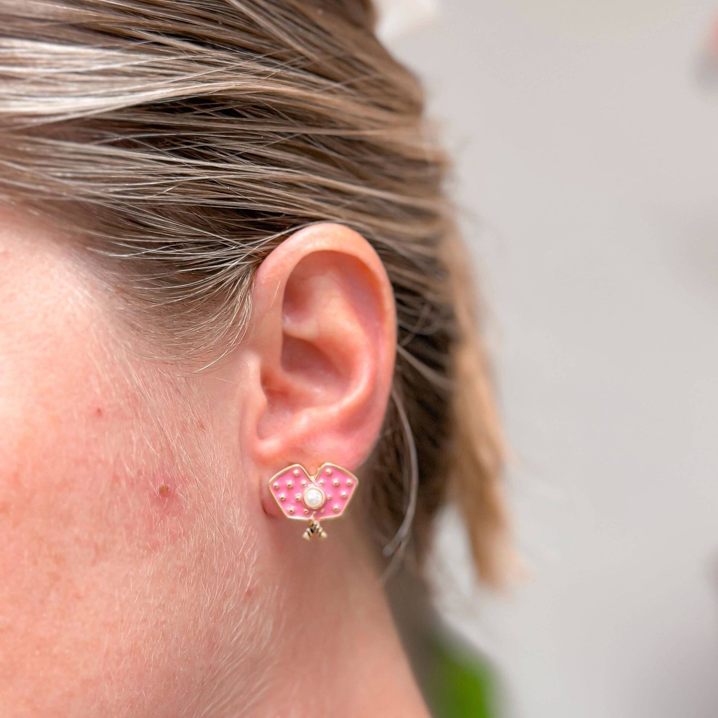 Gold Dipped Hot Pink Pickleball Stud Earrings