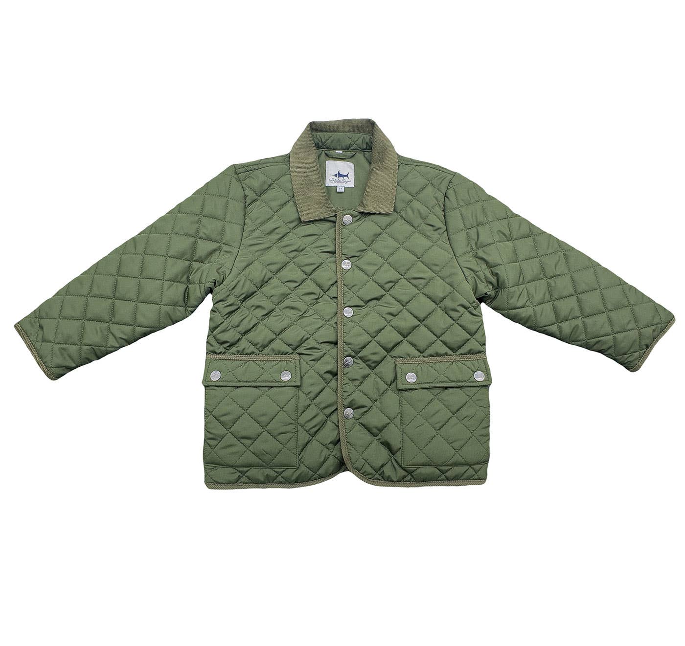 Boys Derby Field Jacket in green quilted fabric with corduroy collar, by Saltwater Boys
