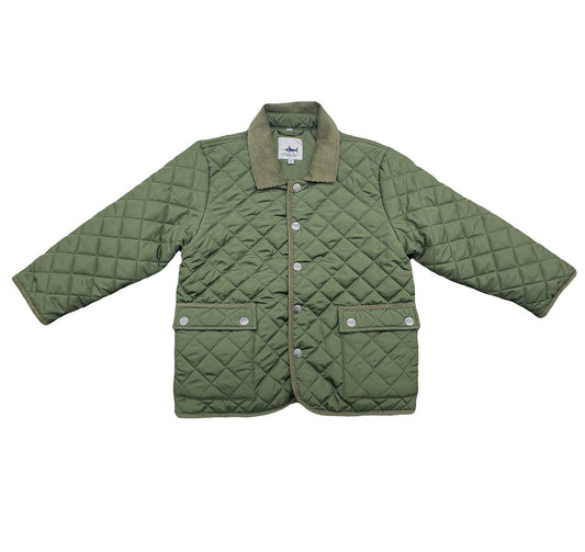 Boys Derby Field Jacket in green quilted fabric with corduroy collar, by Saltwater Boys