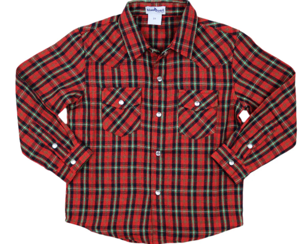 Men’s Holiday Plaid Pearl Snap LS Flannel Shirt-Blue Quail