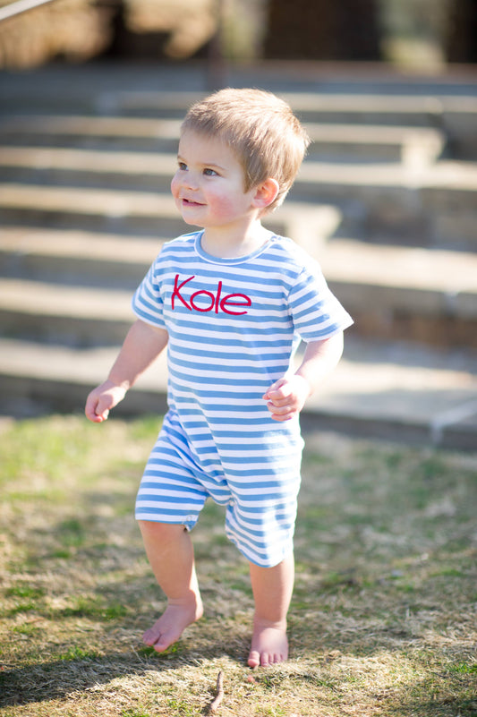 Short Sleeve Knit Romper -  Blue / White