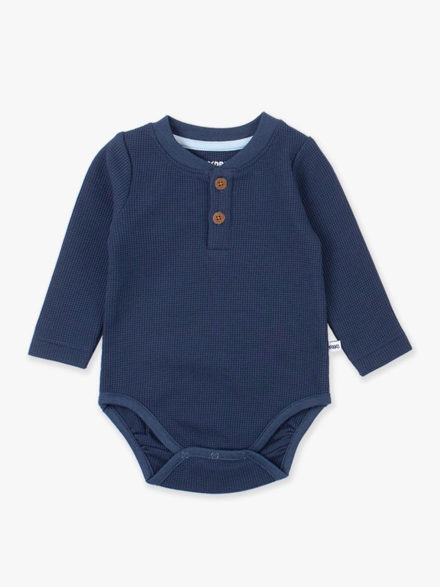 Waffle Knit Henley Bodysuit-Dark Navy