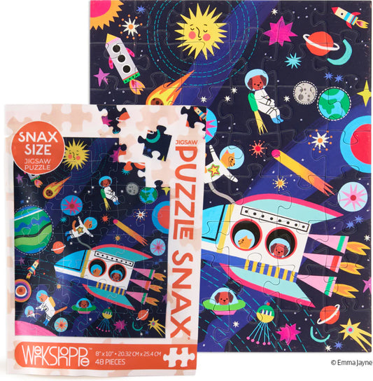 Werkshoppe Pets in Space 48-piece puzzle featuring illustrated animals and space imagery