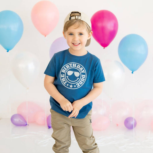 Indigo short sleeve cotton t-shirt with white graphic by Sweet Wink, tagless toddler fit