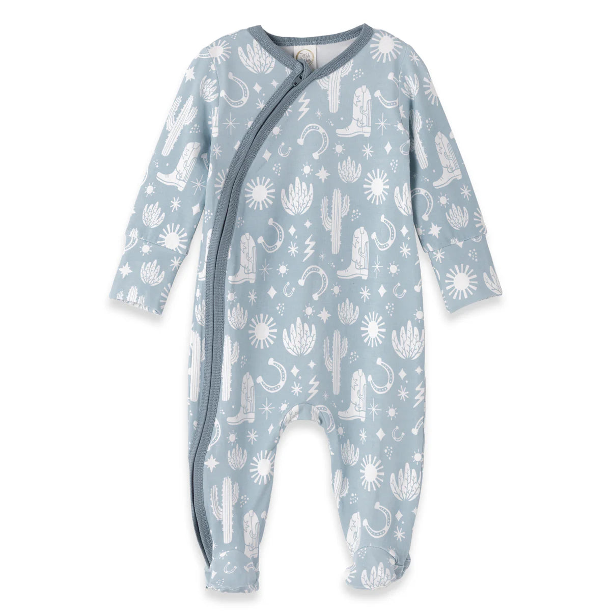 Wild West blue footed zipper romper by Tesa Babe, long-sleeve sleepwear with Western-inspired design