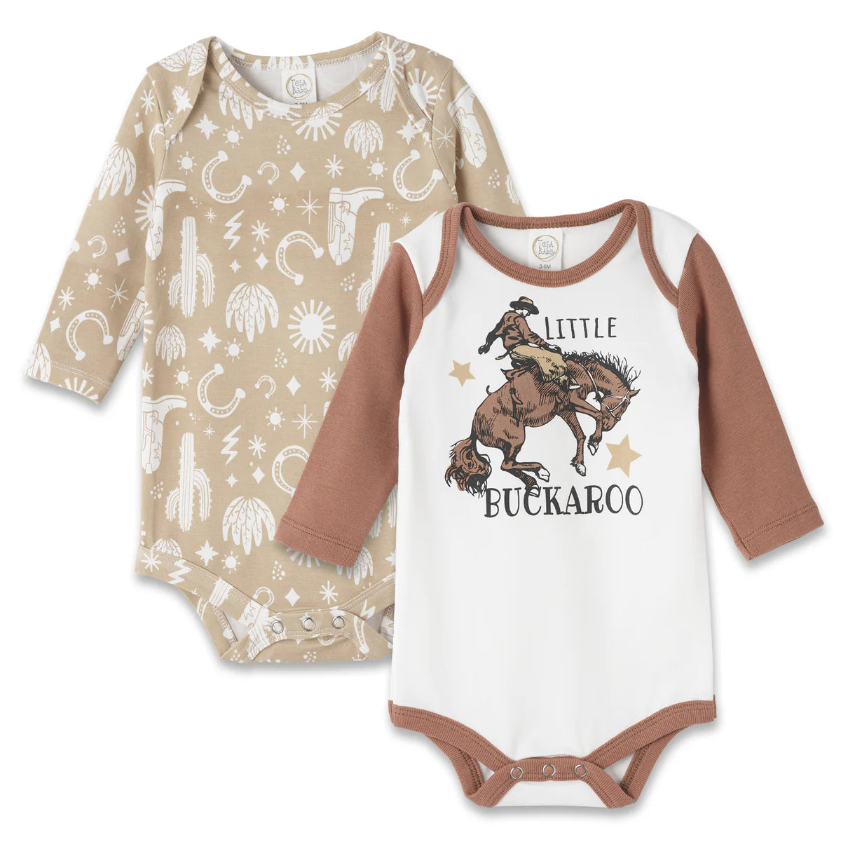 Two-pack long-sleeved bodysuits in beige: cowboy print and Little Buckaroo graphic