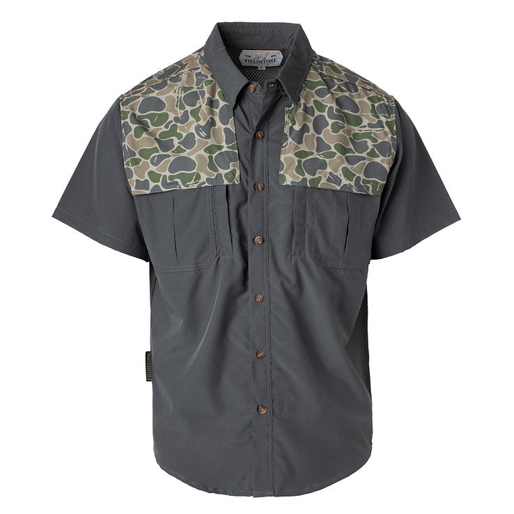 Fieldstone Backwoods camo shoulder button down shirt for boys, quick-dry performance fabric