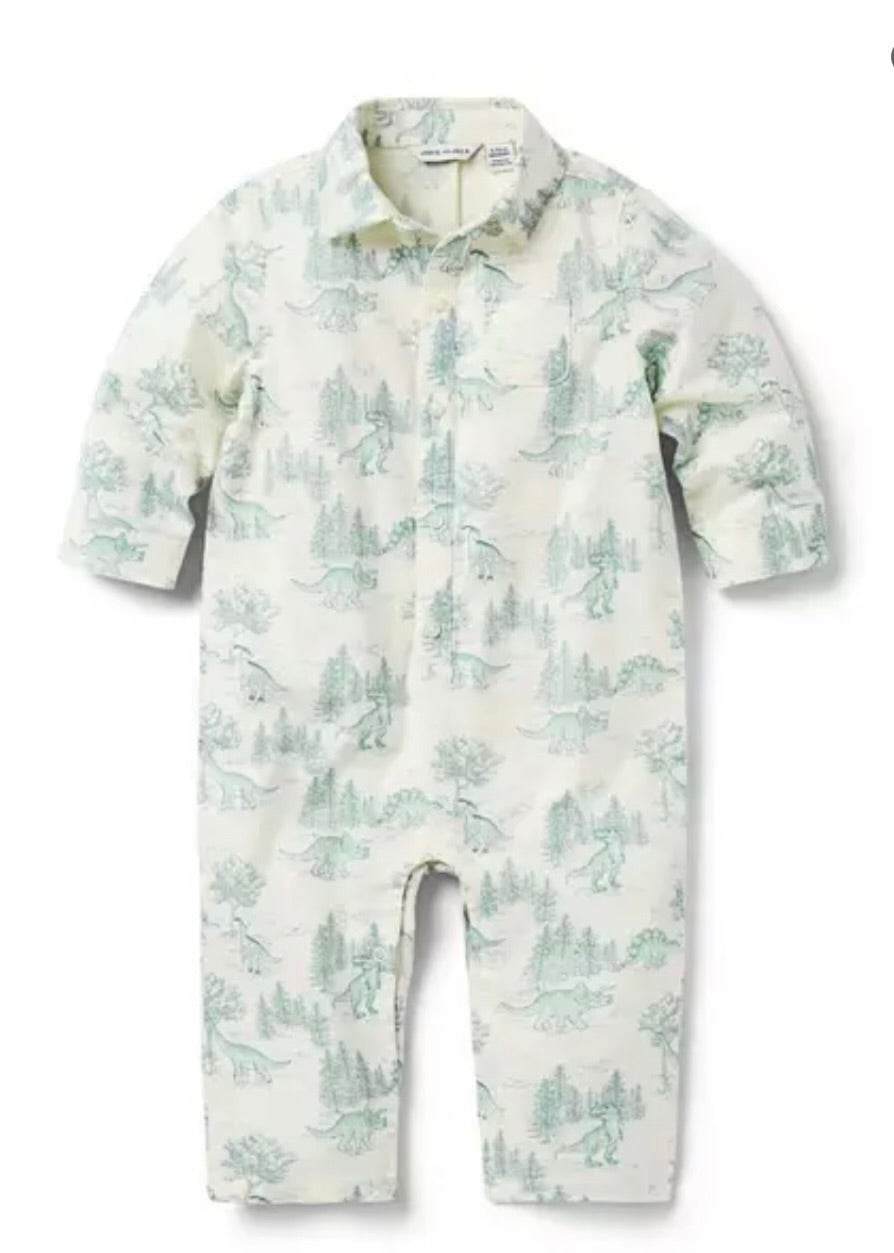 LS COLLAR DINO ONE PIECE ROMPER-IVORY DINO TOILE