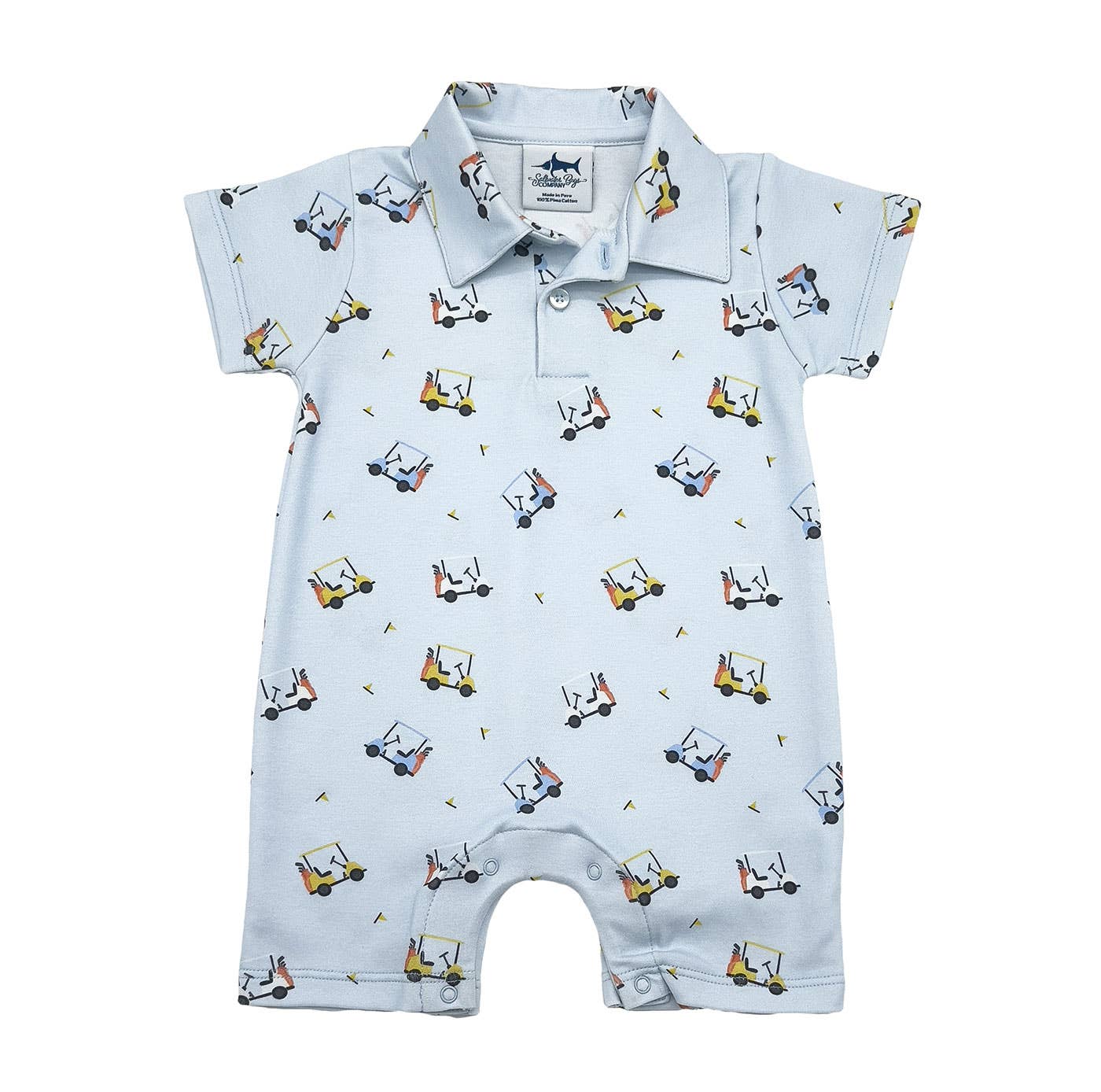 SBC Signature Pima Polo SS Romper in Golf Carts print by Saltwater Boys