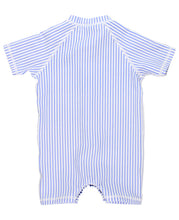 Load image into Gallery viewer, RuffleButts + RuggedButts - Baby Boys Periwinkle Blue Seersucker Short Sleeve One Piece Rash Guard: Blue
