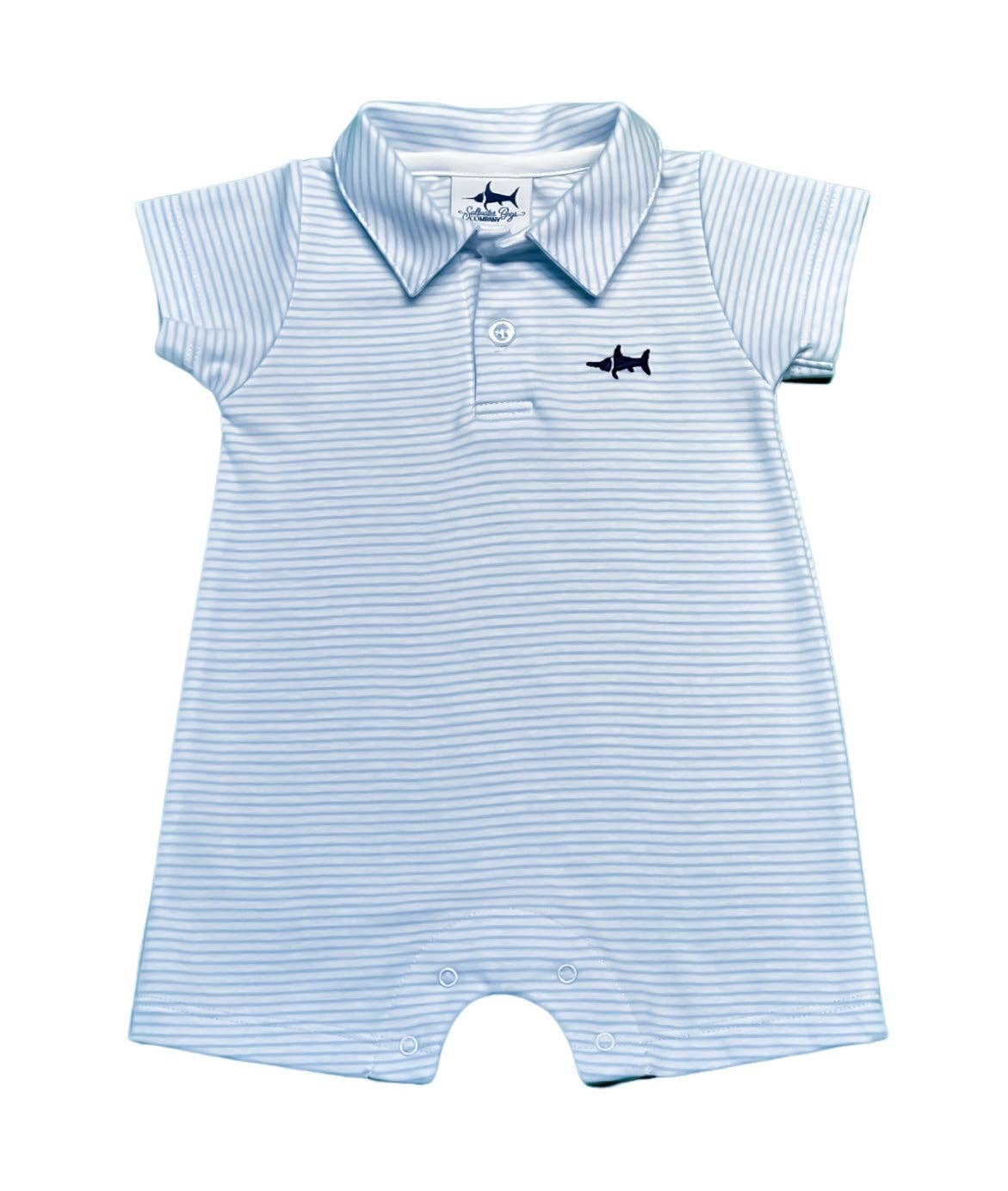 Blue striped pima cotton polo romper with navy embroidered marlin chest detail by Saltwater Boys