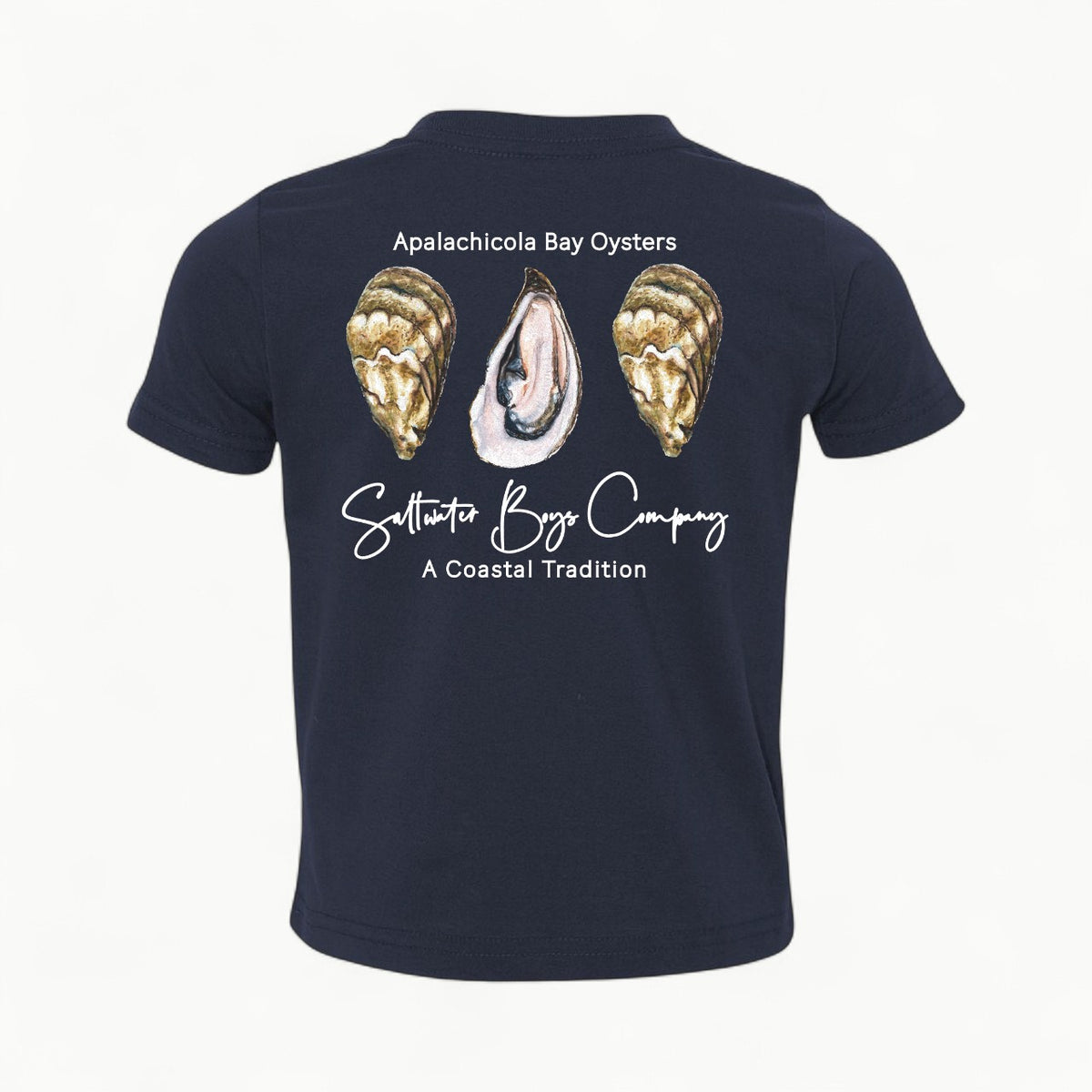 Saltwater Boys short-sleeved tee with Apalachicola Bay oyster print and front logo detail
