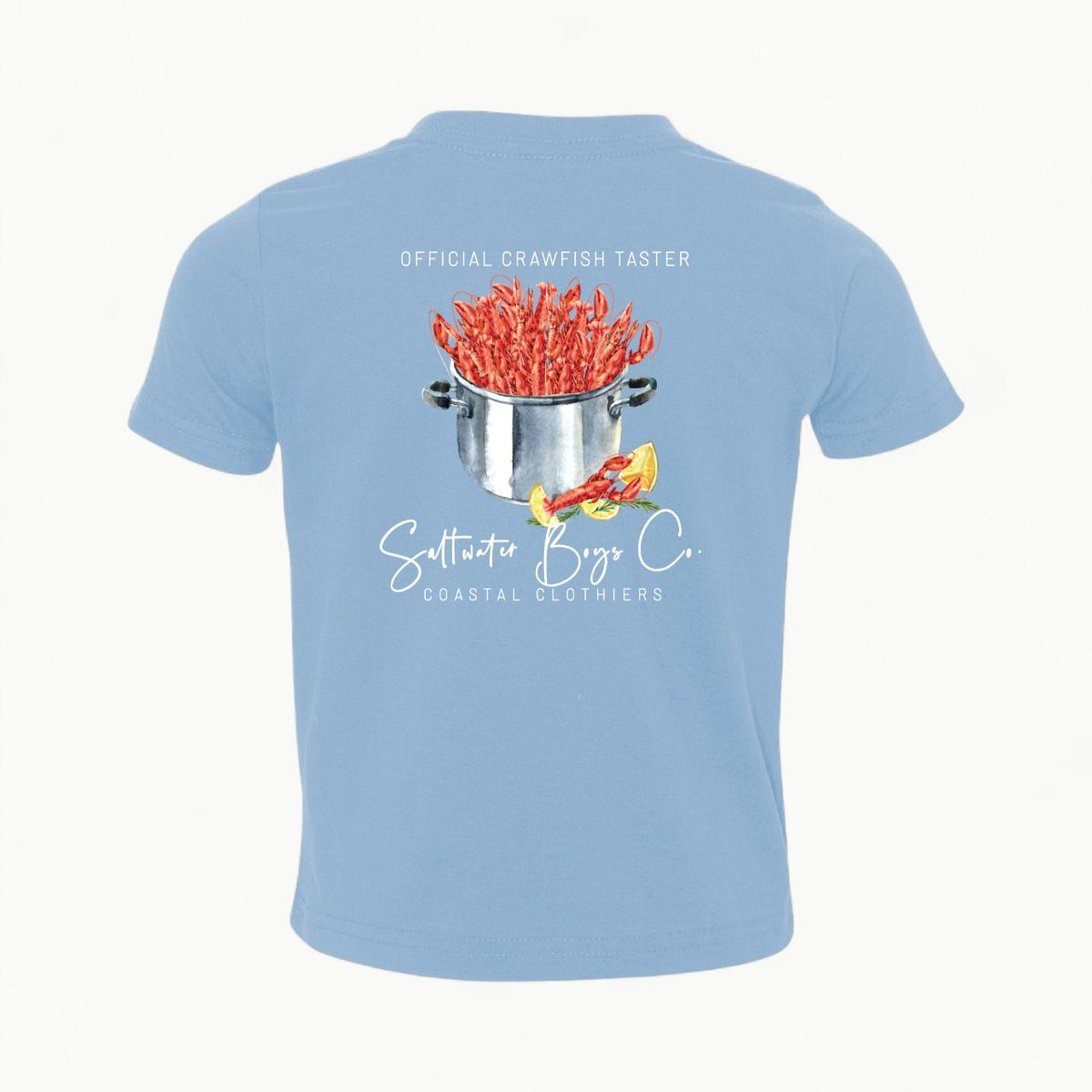 Light blue Saltwater Boys Breaux Bridge Crawfish t-shirt with watercolor graphic