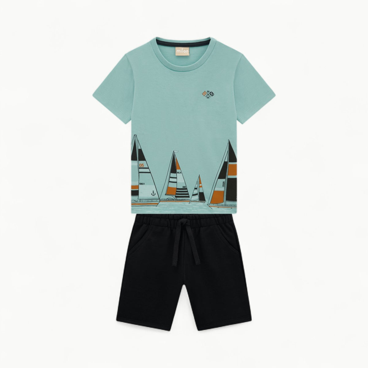 Milon two-piece sailboat short set: blue t-shirt with sailboat print and black shorts