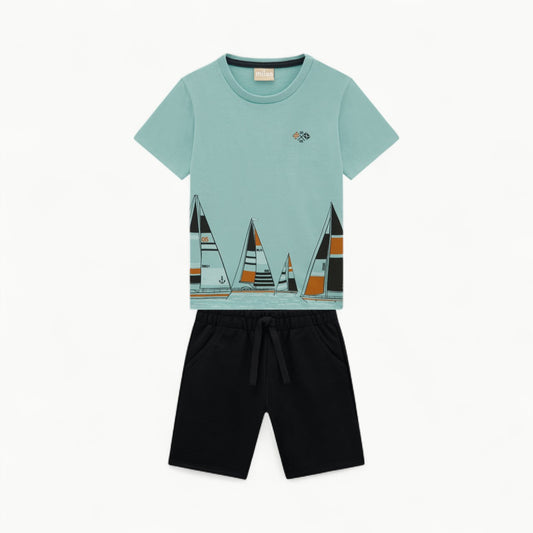 Milon two-piece sailboat short set: blue t-shirt with sailboat print and black shorts