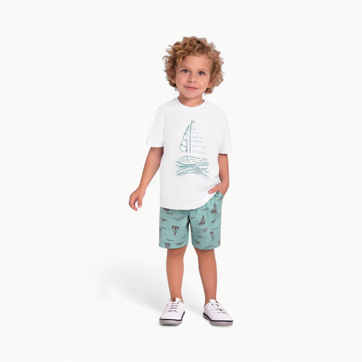 White cotton t-shirt and aqua knit shorts with sailboat print, Milon 2PC set
