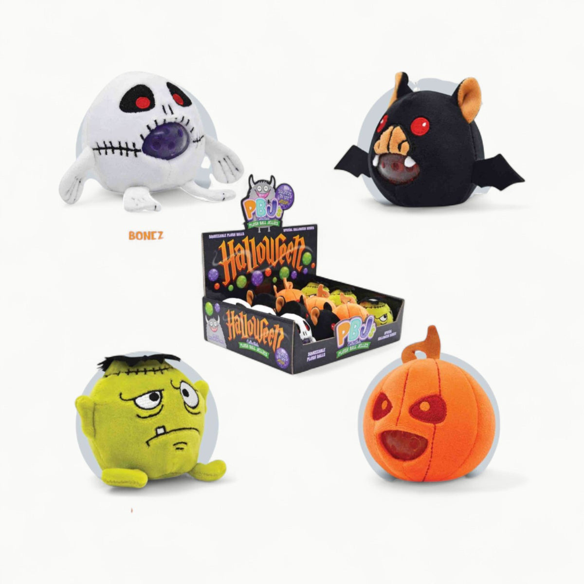 Four Halloween character plush toys from Streamline's PBJ's series: Bonez, Vamp, Frankie, Jak