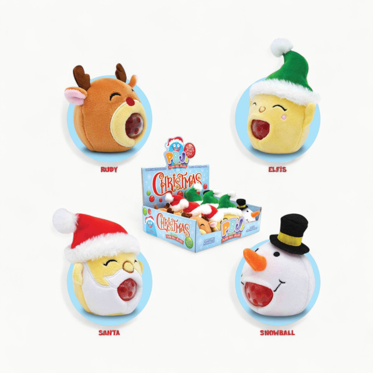 Four festive Plush Ball Jelly characters: Rudy, Elfis, Santa, and Snowball—gel-filled squeeze toys