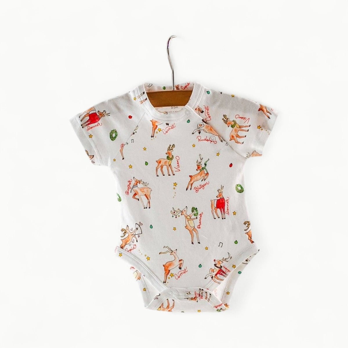 Oh Deer Christmas onesie in organic cotton by Nola Tawk, snaps on shoulder and bottom