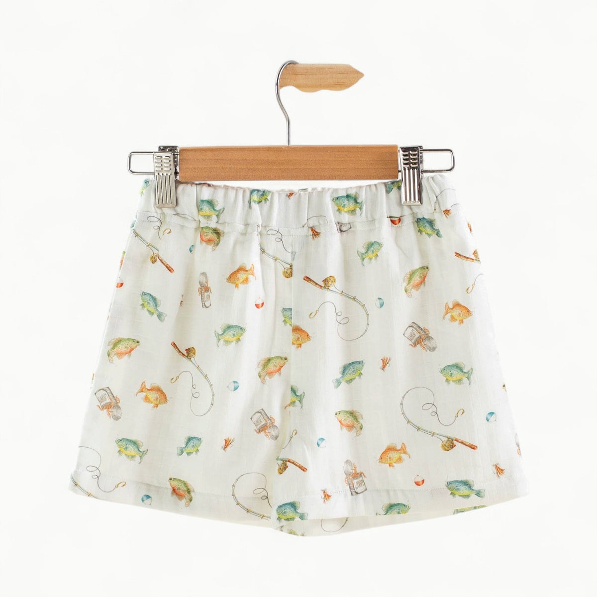 Gone Fishing Organic Muslin Shorts in natural tone with fishing motif, elastic waist, Nola Tawk