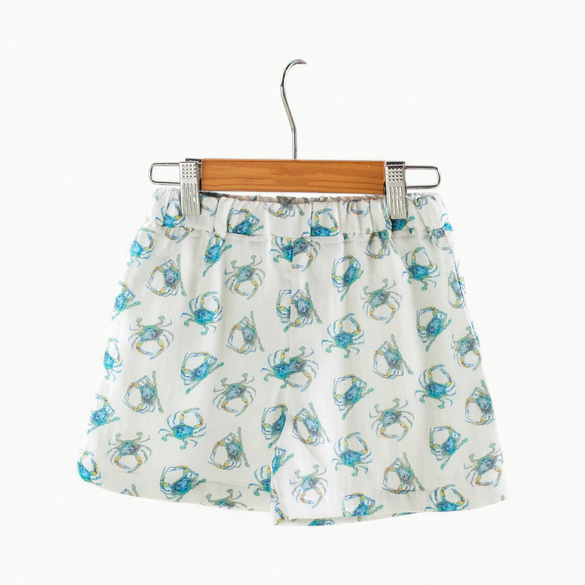 Catching Crabs Organic Muslin Shorts in blue by Nola Tawk, elastic waist