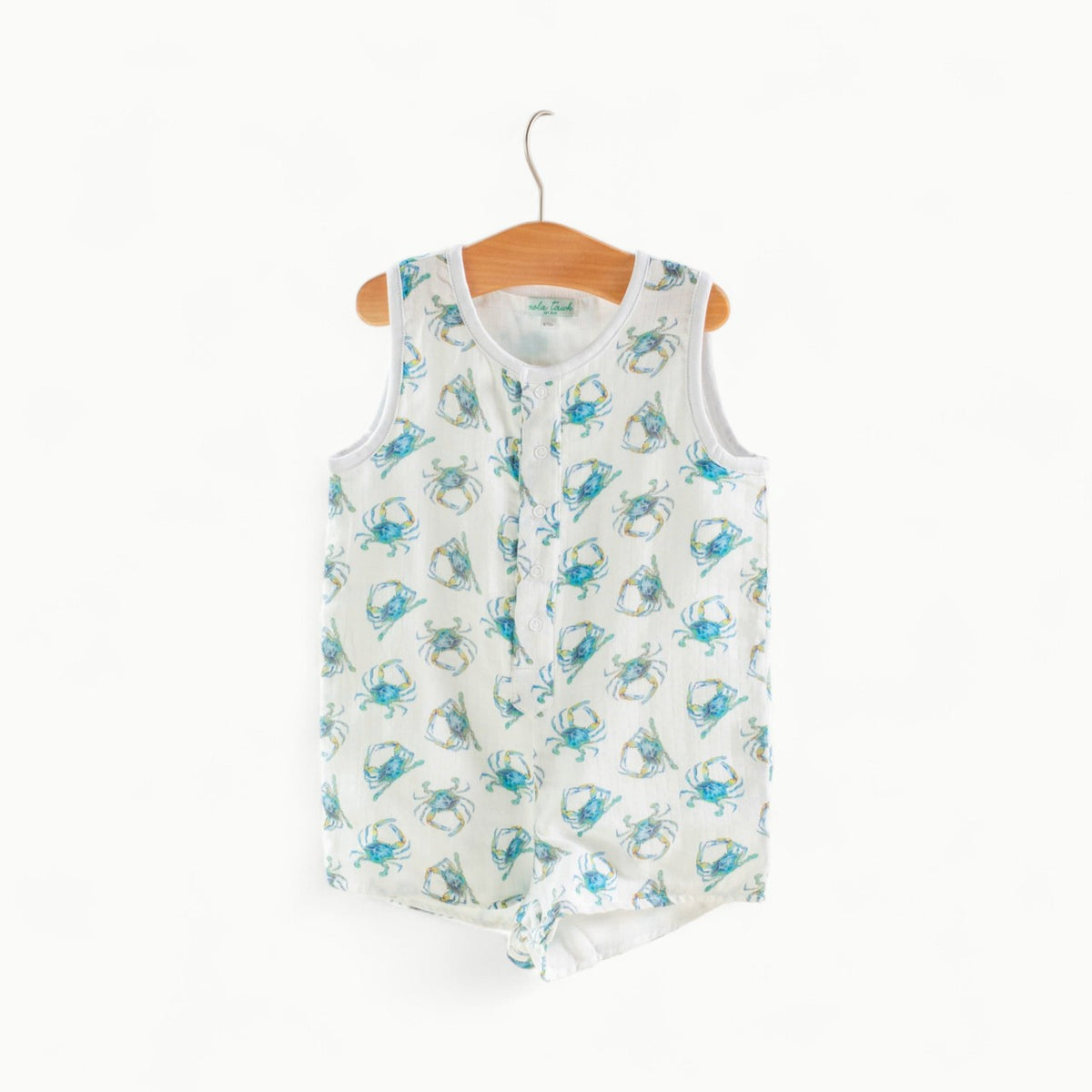Blue crab print GOTS organic muslin shortall with snap closures by Nola Tawk