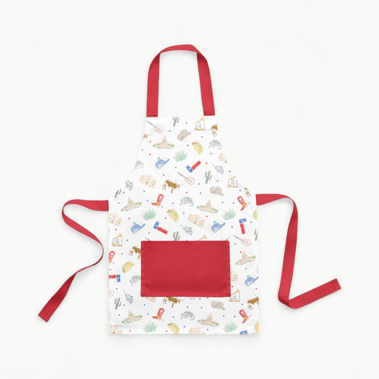 Nola Tawk kids apron, Texas print, organic cotton with adjustable waist ties and neck