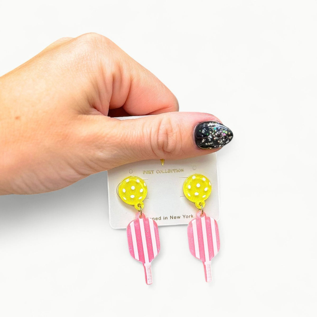 Pink stripe pickleball dangle earrings, 0.75 inch length, delicate preppy style