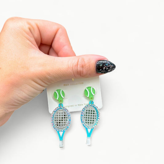 Glitzy Tennis Dangle Earrings in Blue, 1.50" length, refined sparkle design