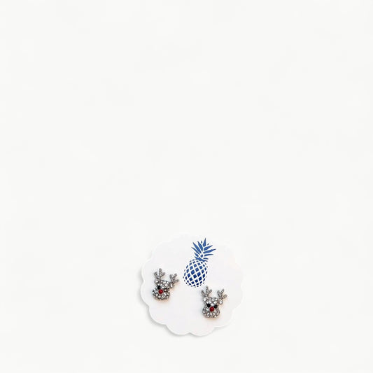 Silver Rudolph reindeer glitzy stud earrings with hypoallergenic lead and nickel-free posts