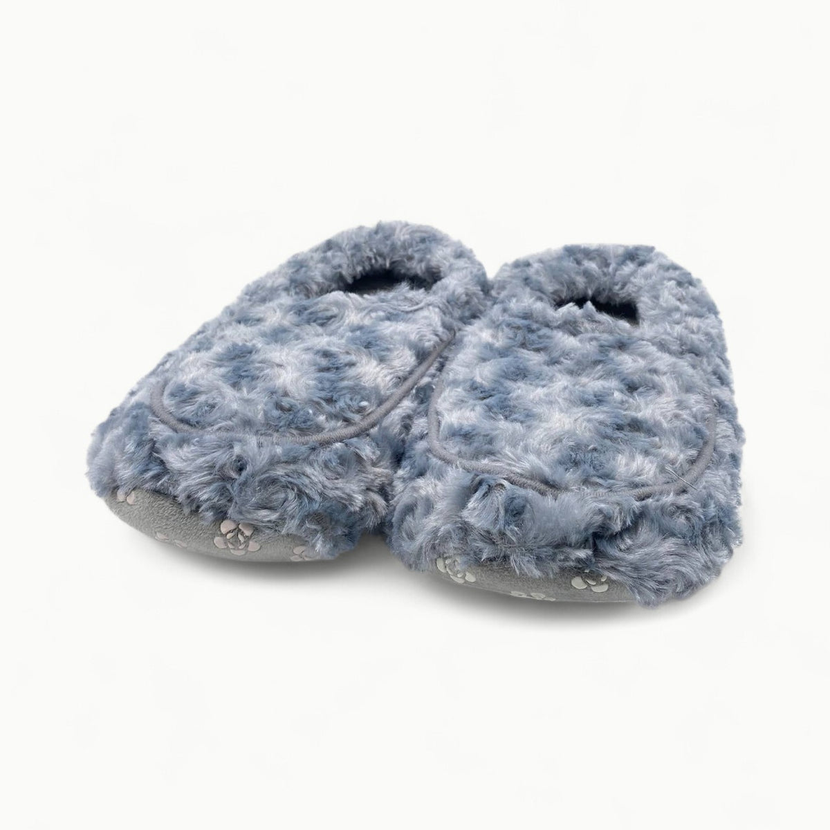 Curly gray Warmies slippers with soft faux fur and memory foam soles