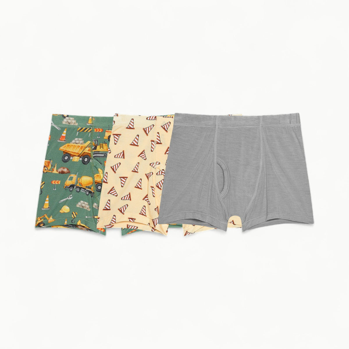 Three-pack of Posh Peanut Crawford Boxer Briefs in soft bamboo with construction vehicle design