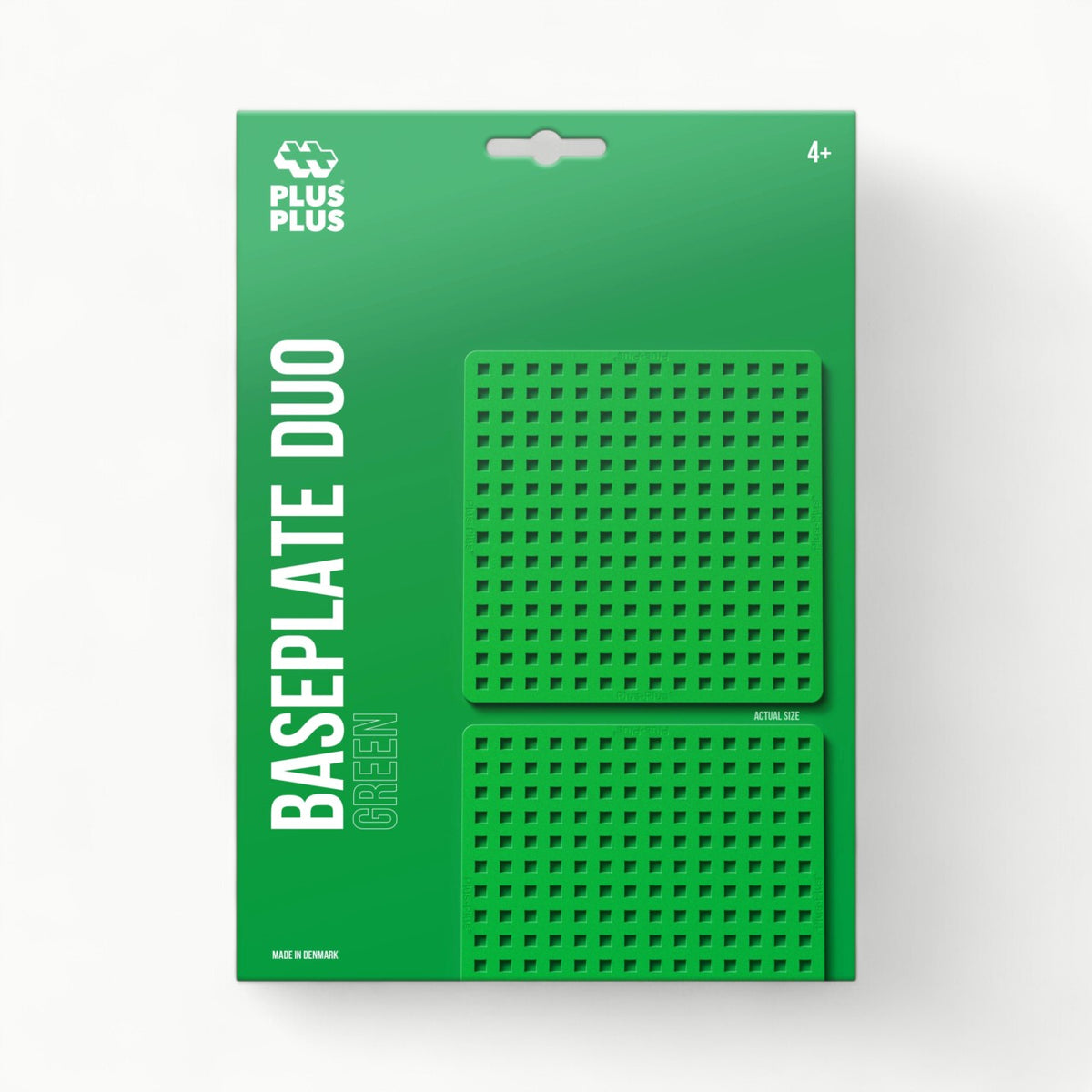 Two green square baseplates for Plus-Plus construction toys, each 4.5 inches, stackable.