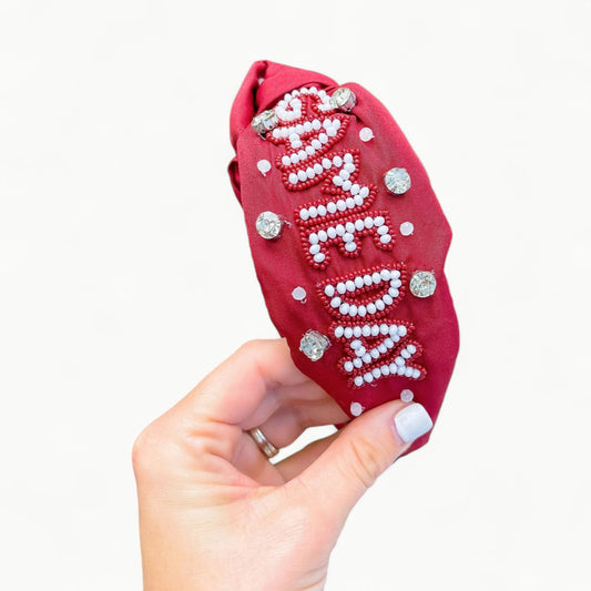 Game Day Embellished Headband in burgundy and white by Prep Obsessed Wholesale