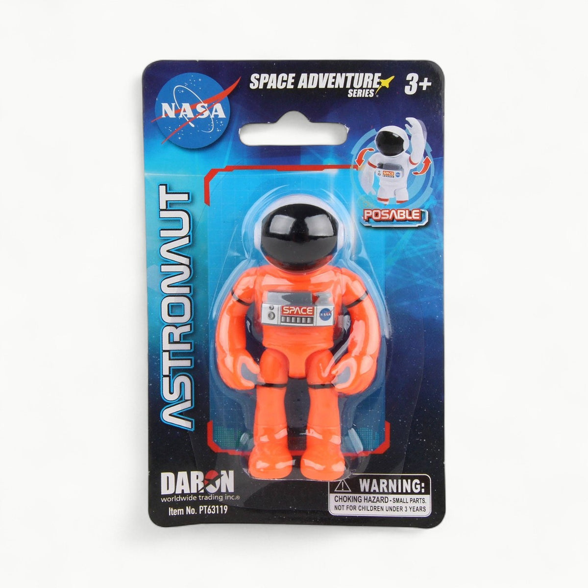 Orange plastic astronaut figure from Daron Space Adventure Series, approximately 3 inches tall