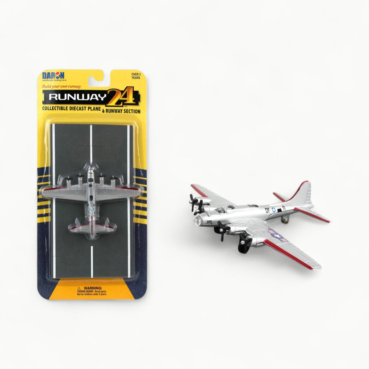 RW035 Runway24 B-17 Silver die-cast metal model airplane with foam rubber runway
