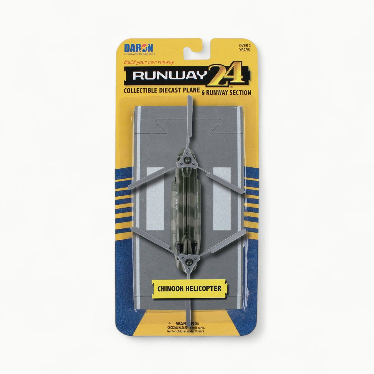 Die-cast CH-47 Chinook helicopter with detailed military markings and flexible rubber runway section