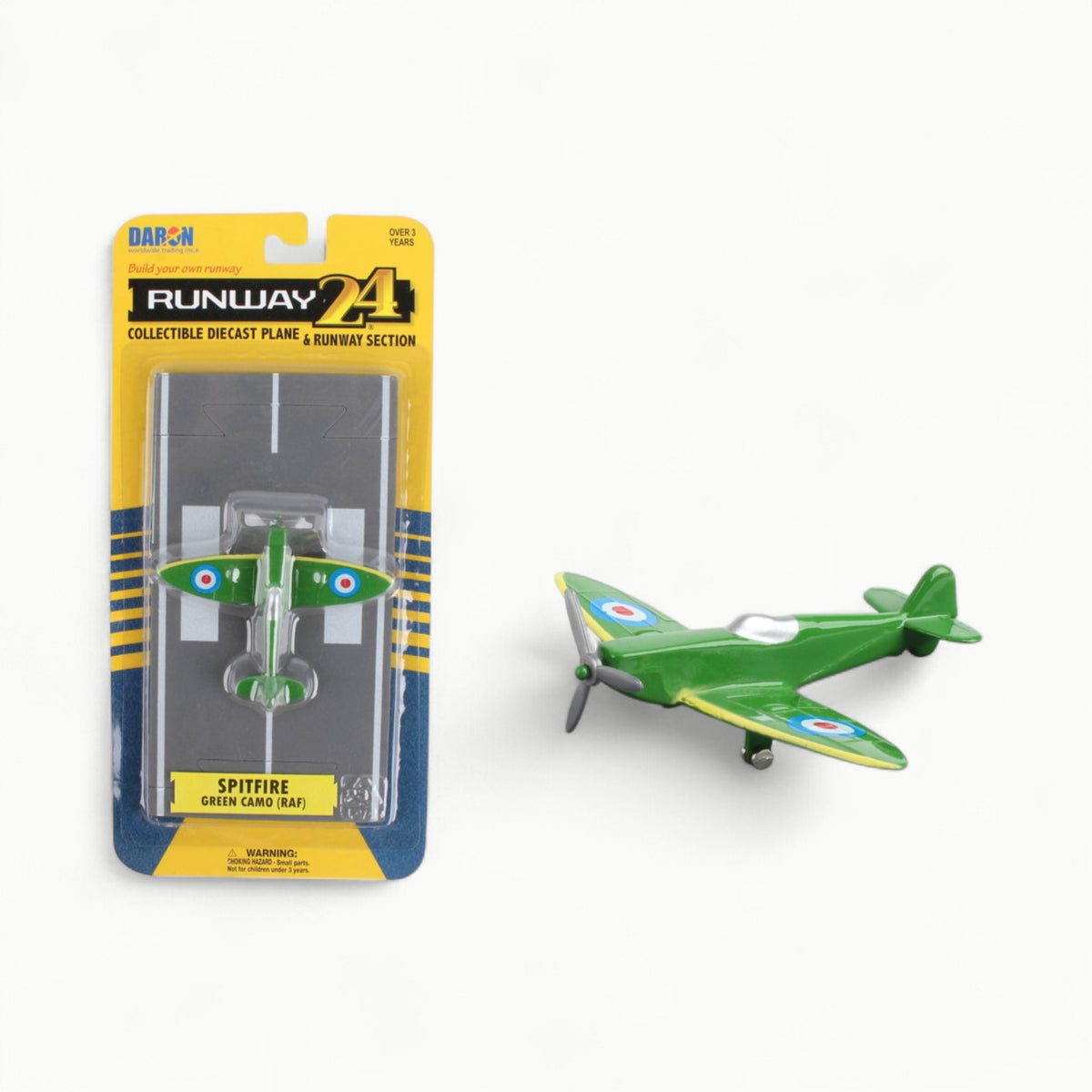 Runway24 Spitfire Green Camouflage die-cast metal aircraft with rubber runway section