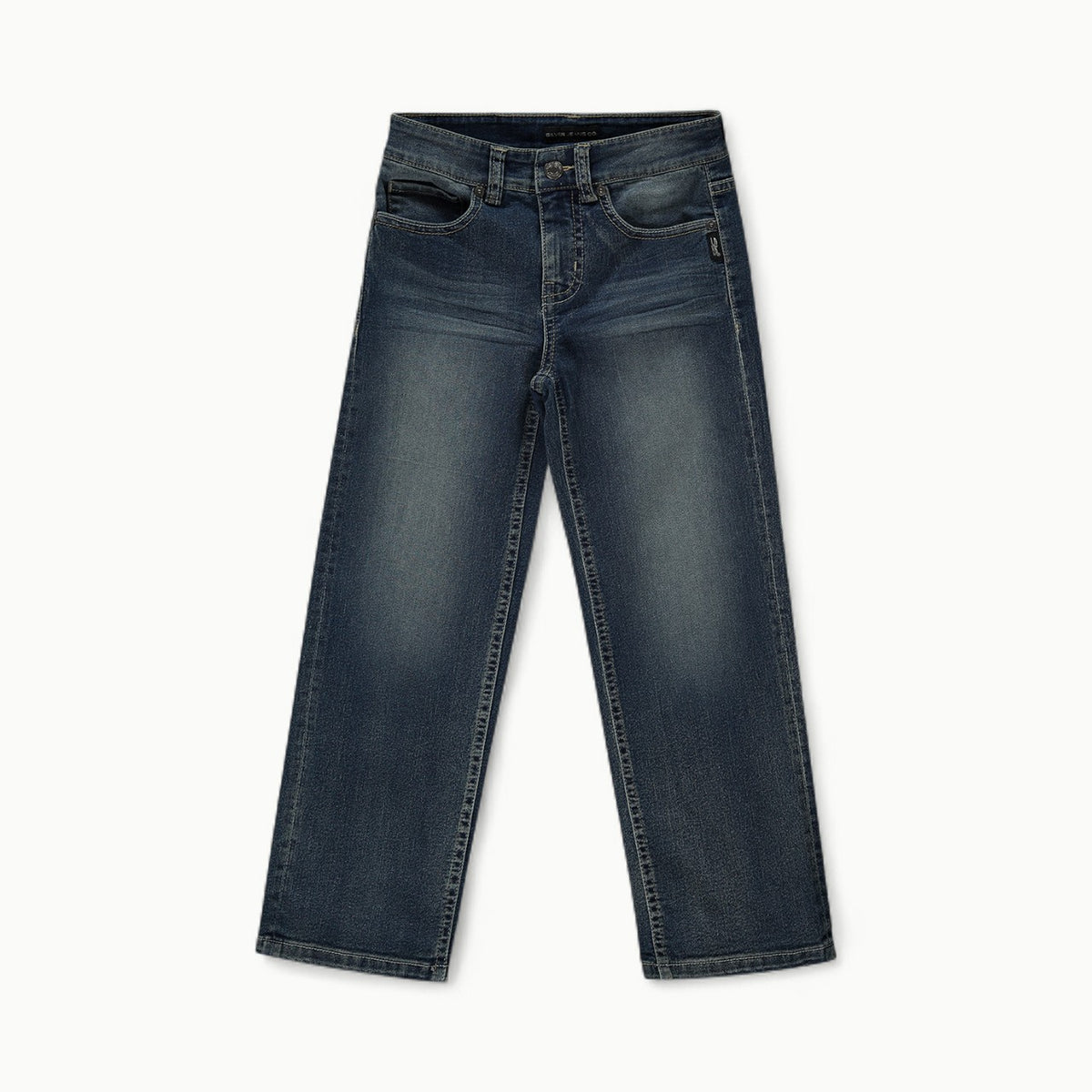 Dark wash loose fit boys' denim with subtle distressing and adjustable waistband