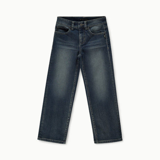 Dark wash loose fit boys' denim with subtle distressing and adjustable waistband