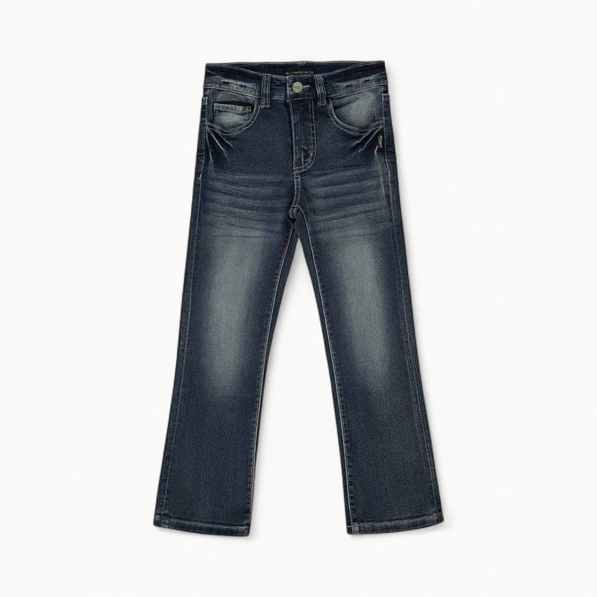 Medium wash bootcut denim with subtle distress, adjustable waist, Silver Jeans scroll back pocket