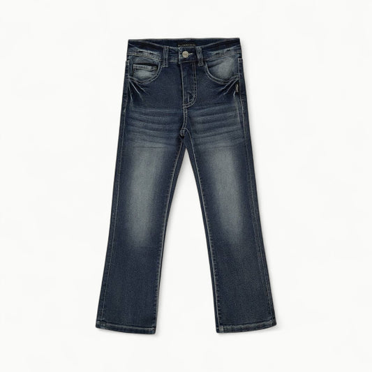 Medium wash bootcut denim with subtle distress, adjustable waist, Silver Jeans scroll back pocket