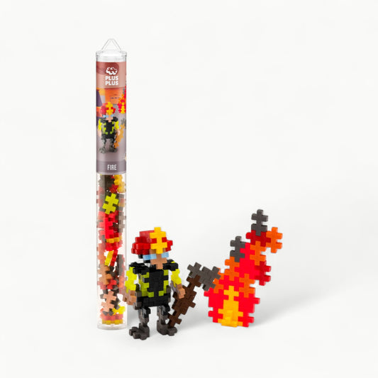 Plus-Plus Firefighter Tube 70pc set with interlocking pieces in yellow, orange, red, and pastel colors; includes travel tube.